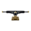 The THUNDER TRUCKS TYSHAWN PRO ENDGAME 148 (set of two) by THUNDER features a black hanger, gold hardware, textured gold baseplate, and an 8.25" axle for versatile performance, viewed from the front.