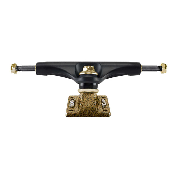 The THUNDER TRUCKS TYSHAWN PRO ENDGAME 148 (set of two) by THUNDER features a black hanger, gold hardware, textured gold baseplate, and an 8.25" axle for versatile performance, viewed from the front.
