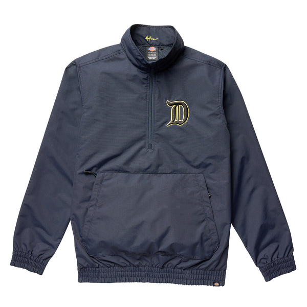 Navy blue Dickies Guy Mariano jacket in dark navy with an embroidered letter 'd' on the left chest area.