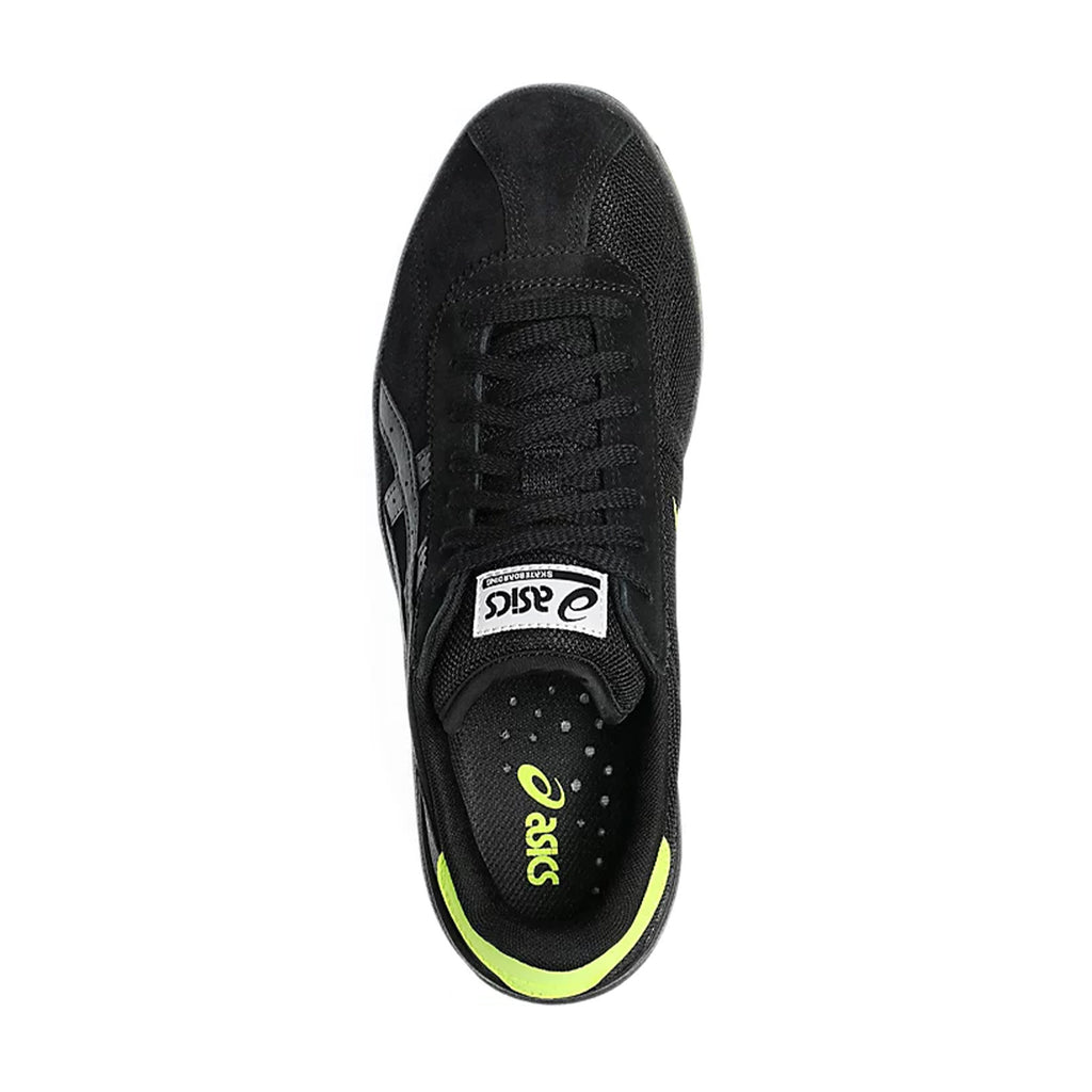 Top view of a black ASICS VIC NBD sneaker with a visible logo on the tongue and neon yellow accents on the sole.