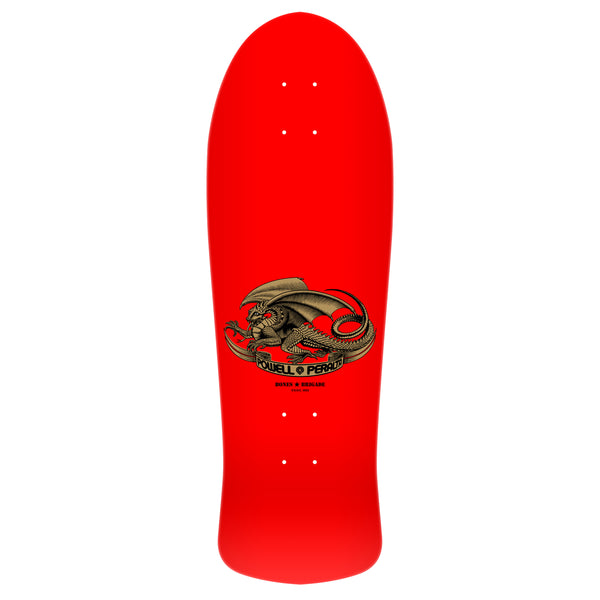 Red Powell Peralta skateboard deck with a graphic of a coiled snake and text: POWELL PERALTA BONES BRIGADE SERIES 15 MOUNTAIN skateboard deck with a graphic of a coiled snake and text.