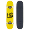 Ellipse Complete top and bottom view of a yellow HABITAT POD COMPLETE skateboard with black grip tape and logo.