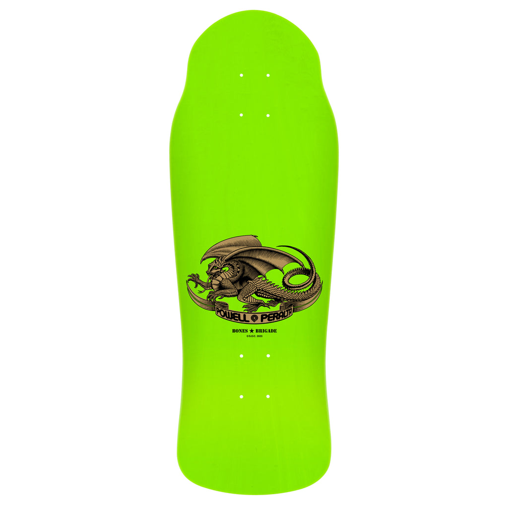 Bright green POWELL PERALTA BONES BRIGADE SERIES 15 HAWK skateboard deck featuring a black and gold dragon graphic with text elements, designed by POWELL PERALTA.