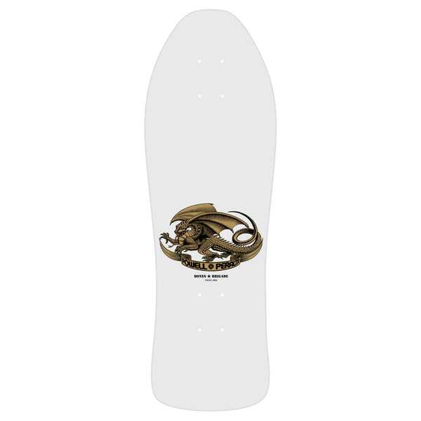White POWELL PERALTA Bones Brigade Series 15 McGill skateboard deck with central graphic of a mythical creature and text underneath.