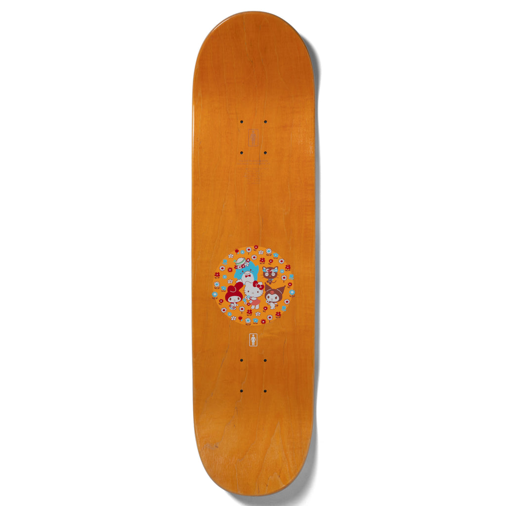 A skateboard with the GIRL BENNETT HELLO KITTY AND FRIENDS cartoon character on it.