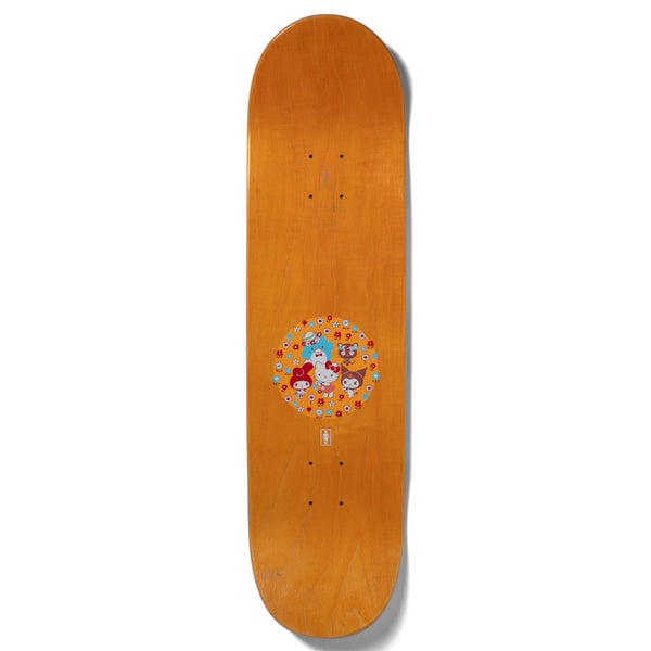A skateboard with the GIRL BENNETT HELLO KITTY AND FRIENDS cartoon character on it.