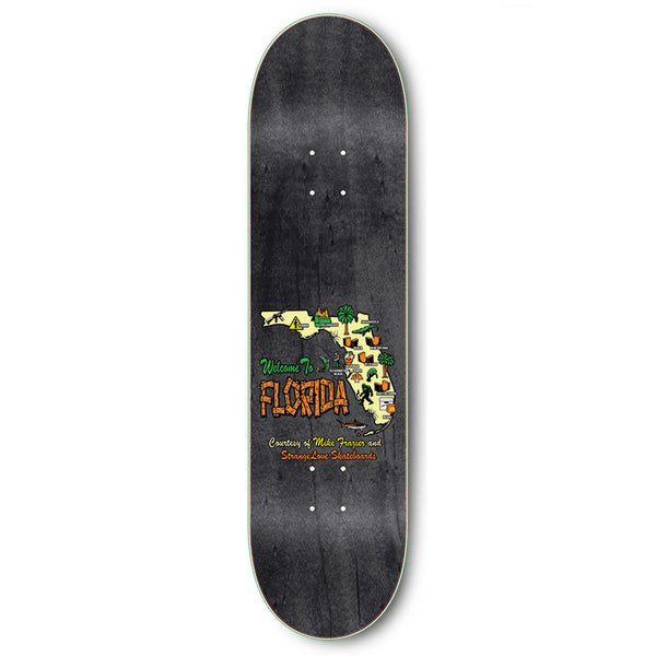 A STRANGE LOVE MIKE FRAZIER HAND SCREENED skateboard deck with a graphic saying "welcome to florida" by Sean Cliver, decorated with vibrant illustrations of alligators and oranges.