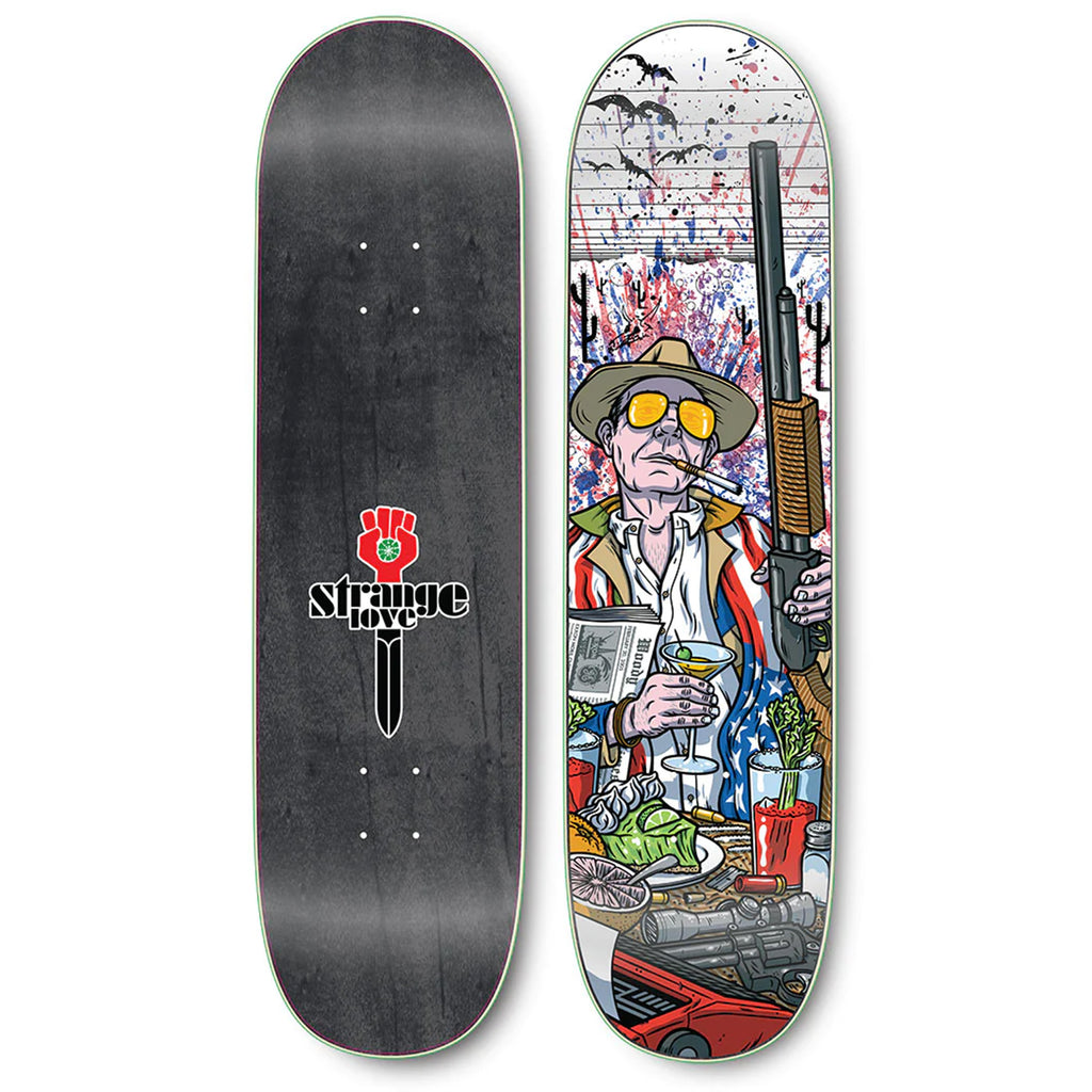 A STRANGE LOVE LAST BREAKFAST-inspired skateboard deck featuring an image of a man holding a gun. (Brand name: STRANGELOVE)