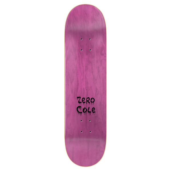 A pink ZERO SPRINGFIELD HORROR COLE skateboard deck with a marble effect and the words "Dane Burman Pro Model" written in black in the center.
