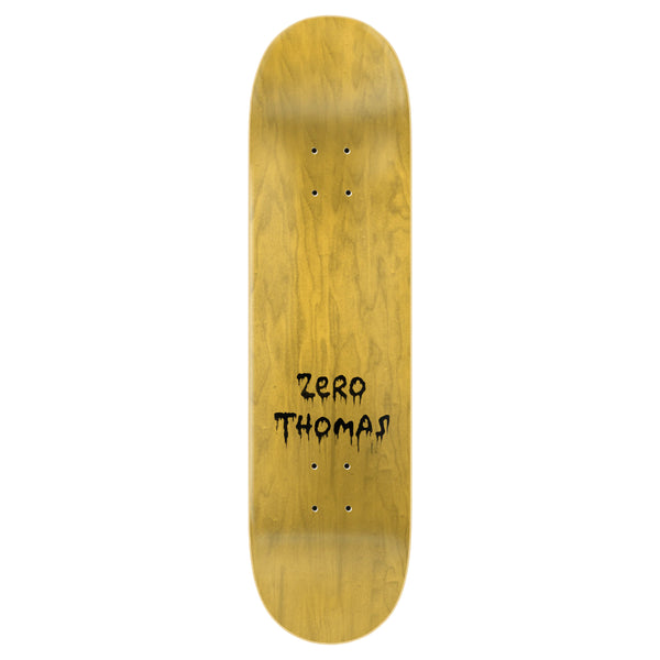 A wooden skate deck with "ZERO SPRINGFIELD HORROR THOMAS" written in black marker, displayed vertically against a white background.
