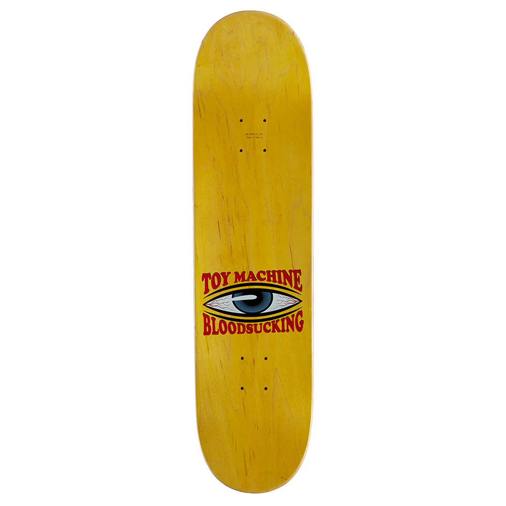 A yellow 8.25" TOY MACHINE CORDANO RUSSELL ACTIVATE skateboard deck, featuring the eye logo and bold red "Toy Machine Bloodsucking" text.