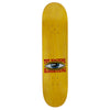 A yellow 8.25" TOY MACHINE CORDANO RUSSELL ACTIVATE skateboard deck, featuring the eye logo and bold red "Toy Machine Bloodsucking" text.
