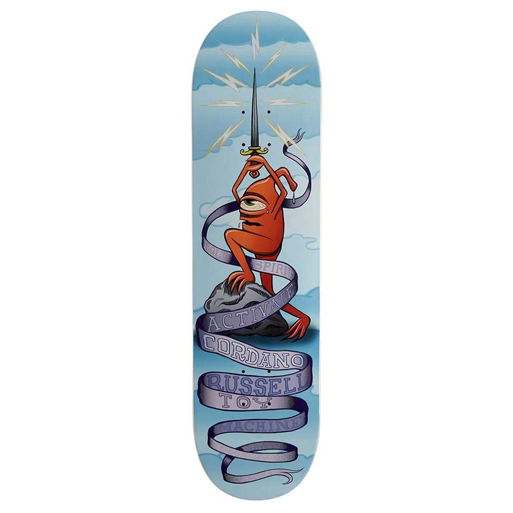 The TOY MACHINE CORDANO RUSSELL ACTIVATE deck by TOY MACHINE features bold art of a red, one-eyed creature with a sword on a rock wrapped in an “ACTIVIST” ribbon—perfect for skaters seeking unique style.