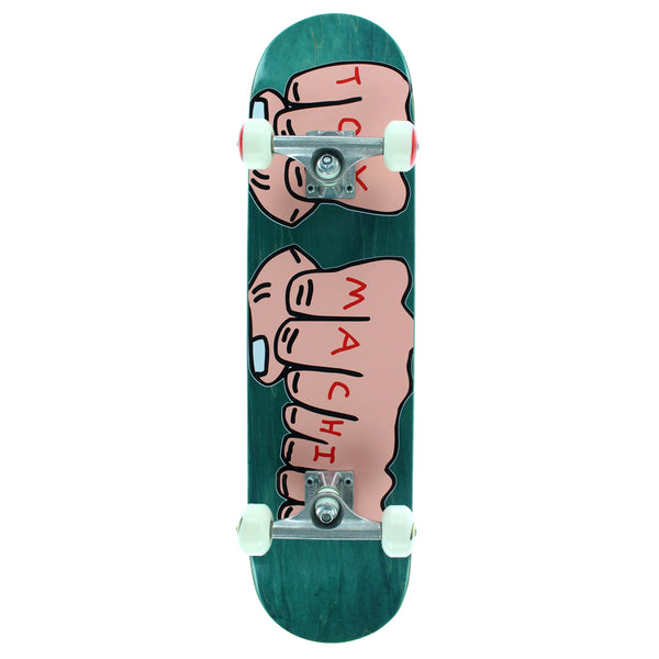 A TOY MACHINE FISTS WOODGRAIN COMPLETE skateboard with graphic art of cartoon fists and the word "Toy Machine" on its deck.