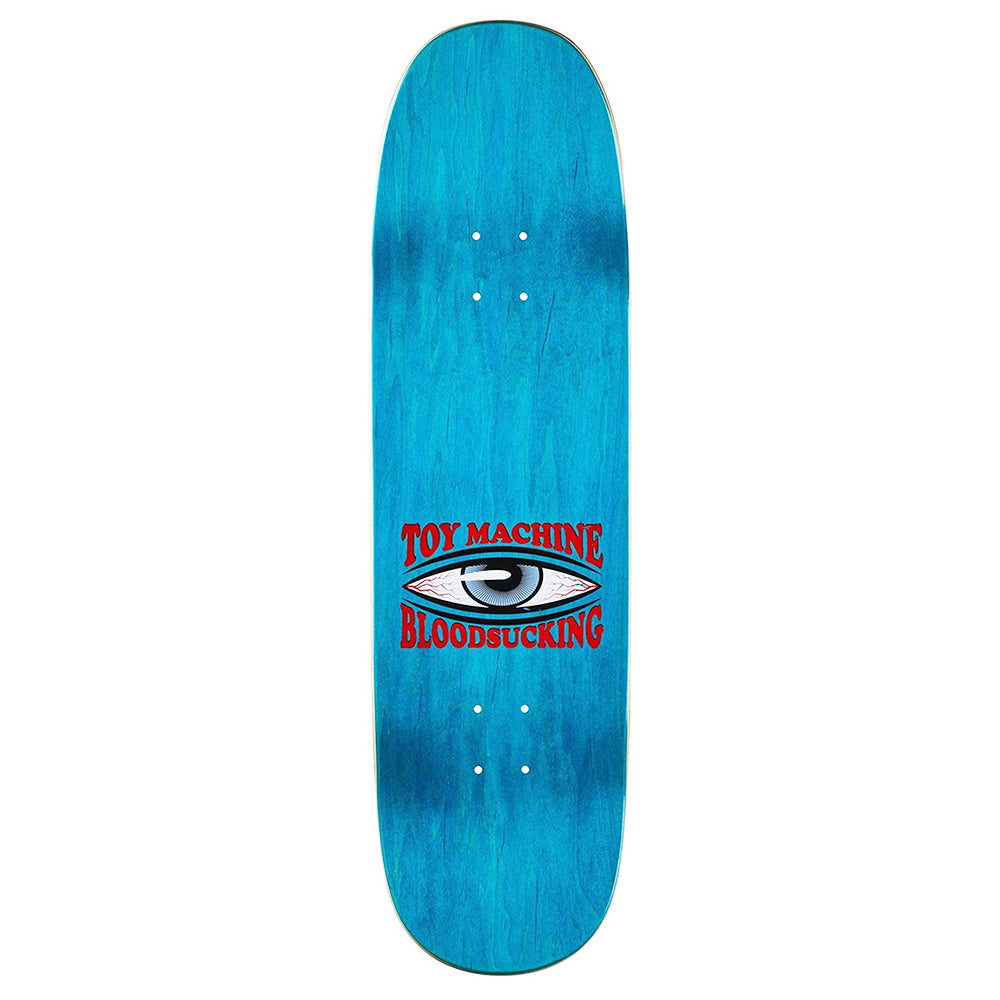 The TOY MACHINE ED TEMPLETON CHARRED CROSS is a blue skateboard deck featuring Ed Templeton’s eye graphic and "Toy Machine Bloodsucking" in bold red and white.