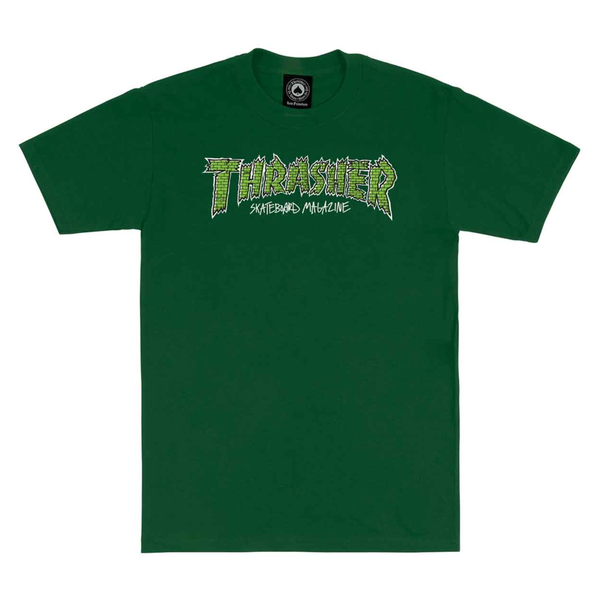 A green TRASHER BRICK TEE FOREST GREEN with the word THRASHER on it.
