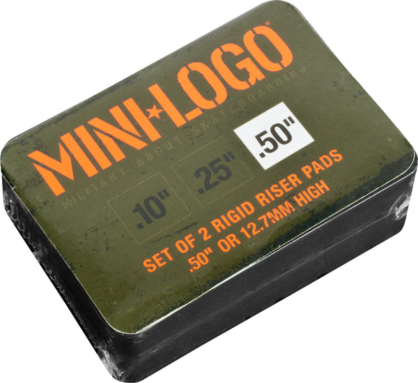 The MINI LOGO .50" RIGID RISER PAD (2 PACK) includes two sturdy skateboard riser pads, each 12.7mm high, with additional .10 and .25 size markings for versatile setup options.