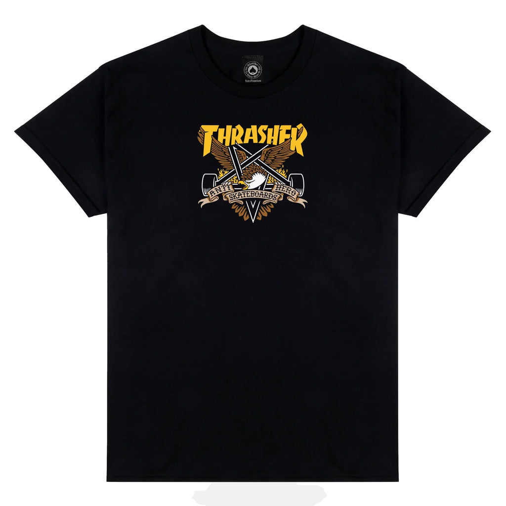 A black THRASHER X ANTI HERO EAGLEGRAM TEE BLACK featuring the iconic Thrasher logo in yellow with a skateboards artwork graphic underneath, merging THRASHER X ANTI HERO style.