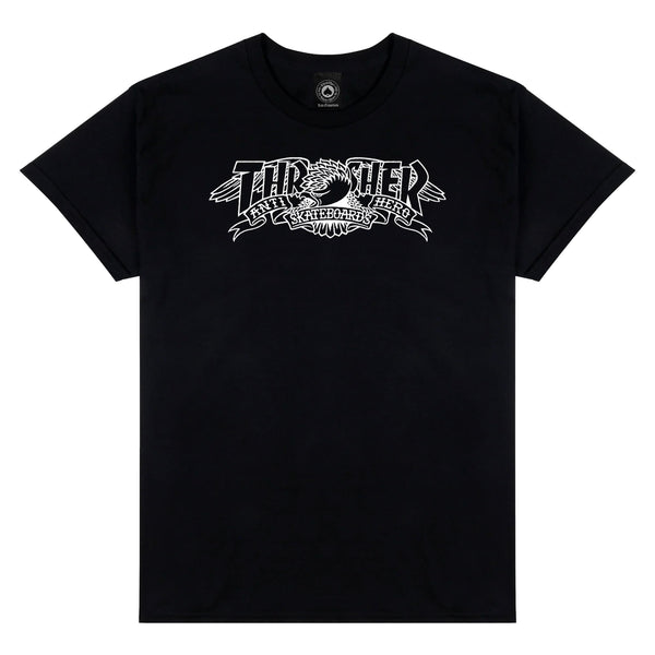 Black T-shirt with "Thrasher" written in stylized white letters on the front, along with "Skateboard Magazine" text below the logo. This is part of the exclusive THRASHER X ANTI HERO MAG BANNER TEE BLACK collaboration featuring top-notch streetwear aesthetics.
