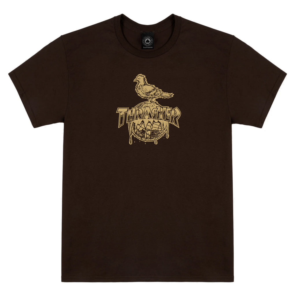 THRASHER X ANTI HERO TEE DARK CHOCOLATE by THRASHER with a yellow graphic of a bird perched on stylized text that reads 'THRASHER'.