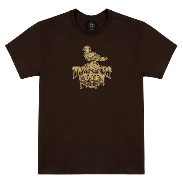 THRASHER X ANTI HERO TEE DARK CHOCOLATE by THRASHER with a yellow graphic of a bird perched on stylized text that reads 'THRASHER'.