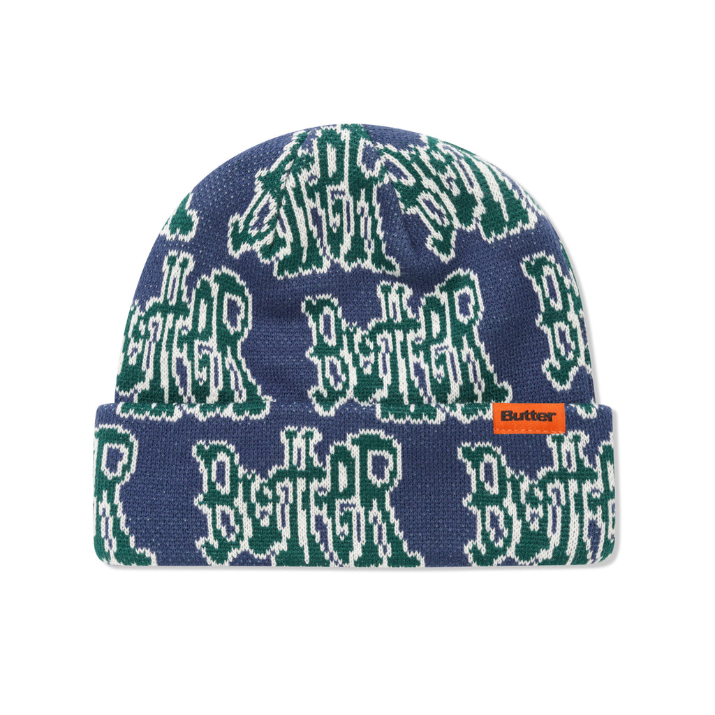 A BUTTER GOODS TOUR BEANIE NAVY with the word 'better' on it.