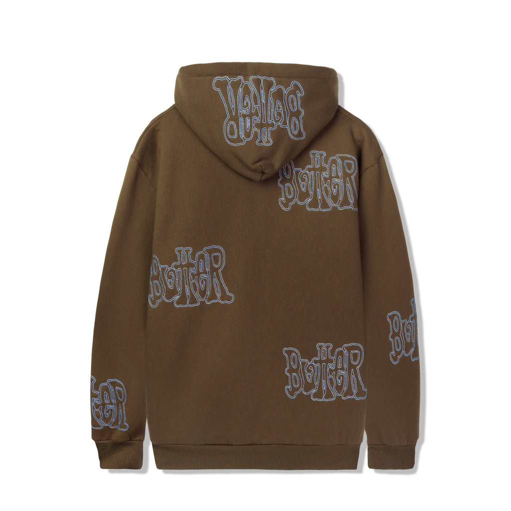 A Butter Goods tour zip-thru hoodie chocolate with a black logo on it.