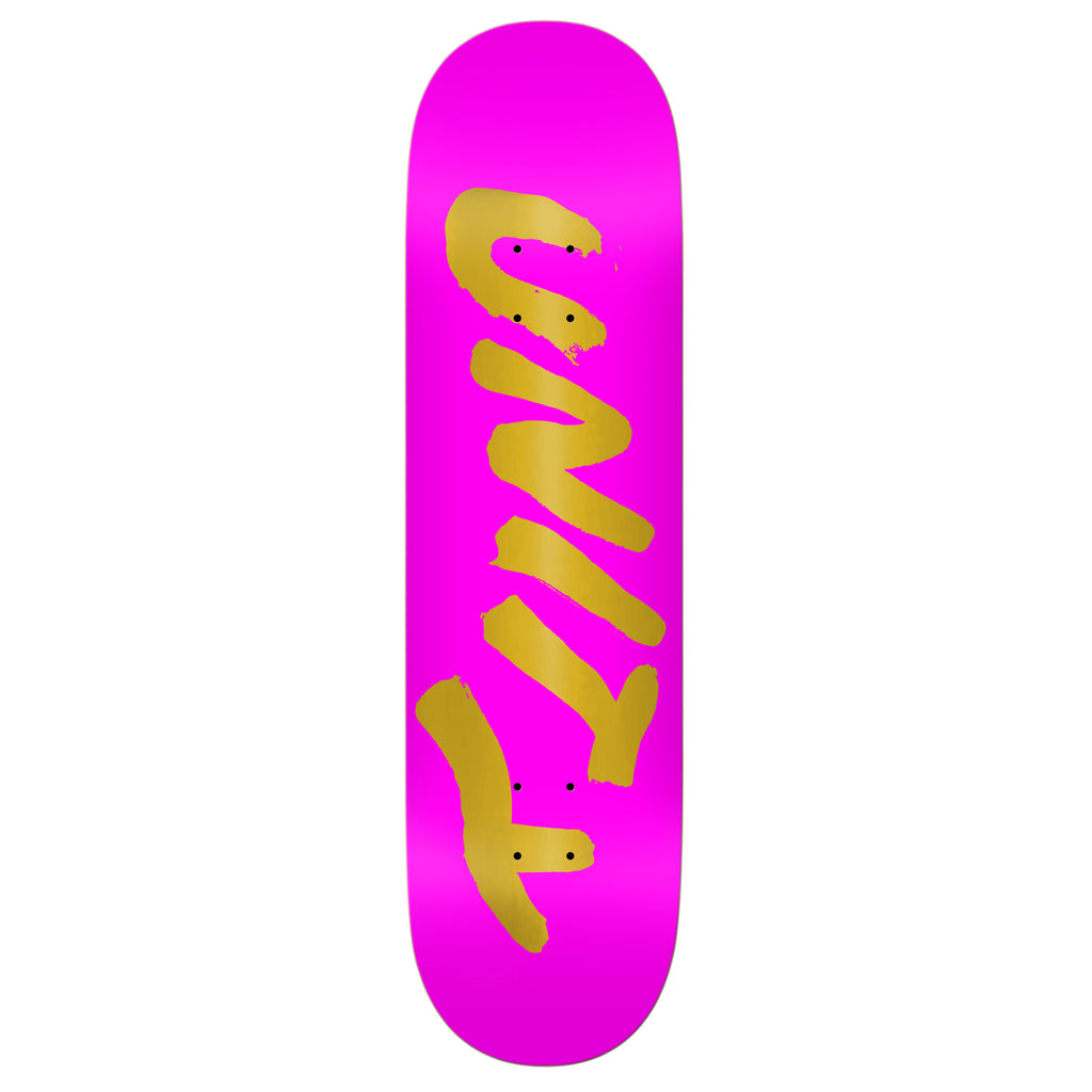 A UNITY pink skateboard with gold lettering on it.