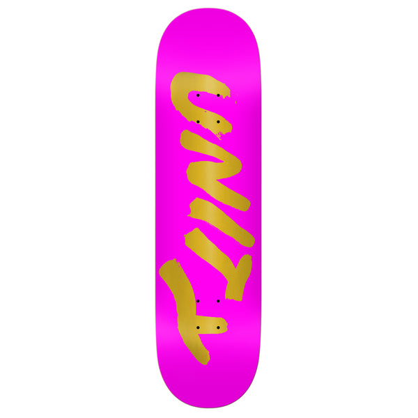 A UNITY pink skateboard with gold lettering on it.