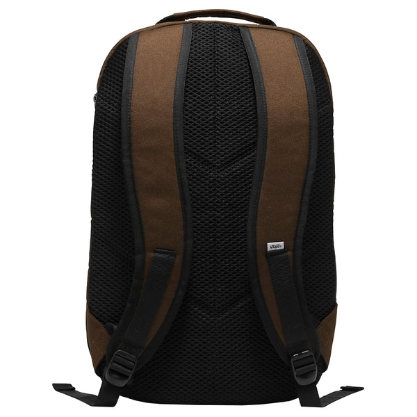 The back of the brown backpack with black adjustable straps and a tiny vans tag sewn in.