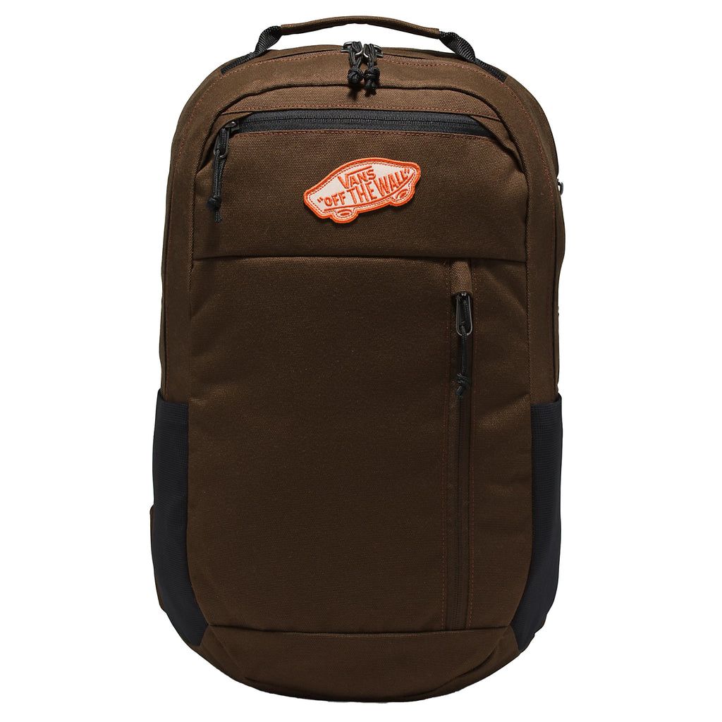 A brown backpack with black accents and a orange vans logo patch on the front.