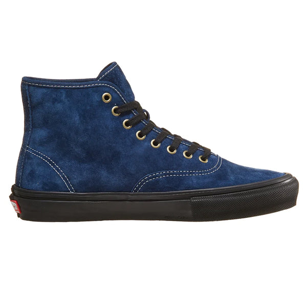 A suede blue high top shoe with a black rubber sole and black laces.