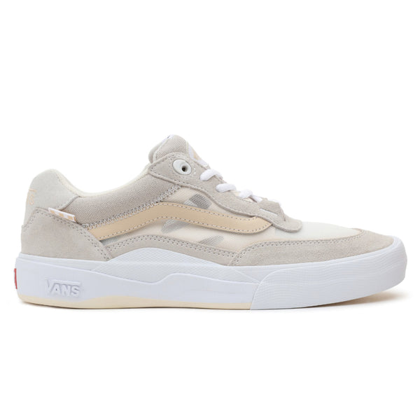 A white and beige VANS SKATE WAYVEE FRENCH OAK sneaker with a white sole.