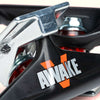 Close-up of a skateboard truck from Venture Hollows "Wide Awake" 5.6 series, showcasing the word "AWAKE" and an orange "V" logo, with a polished hanger.