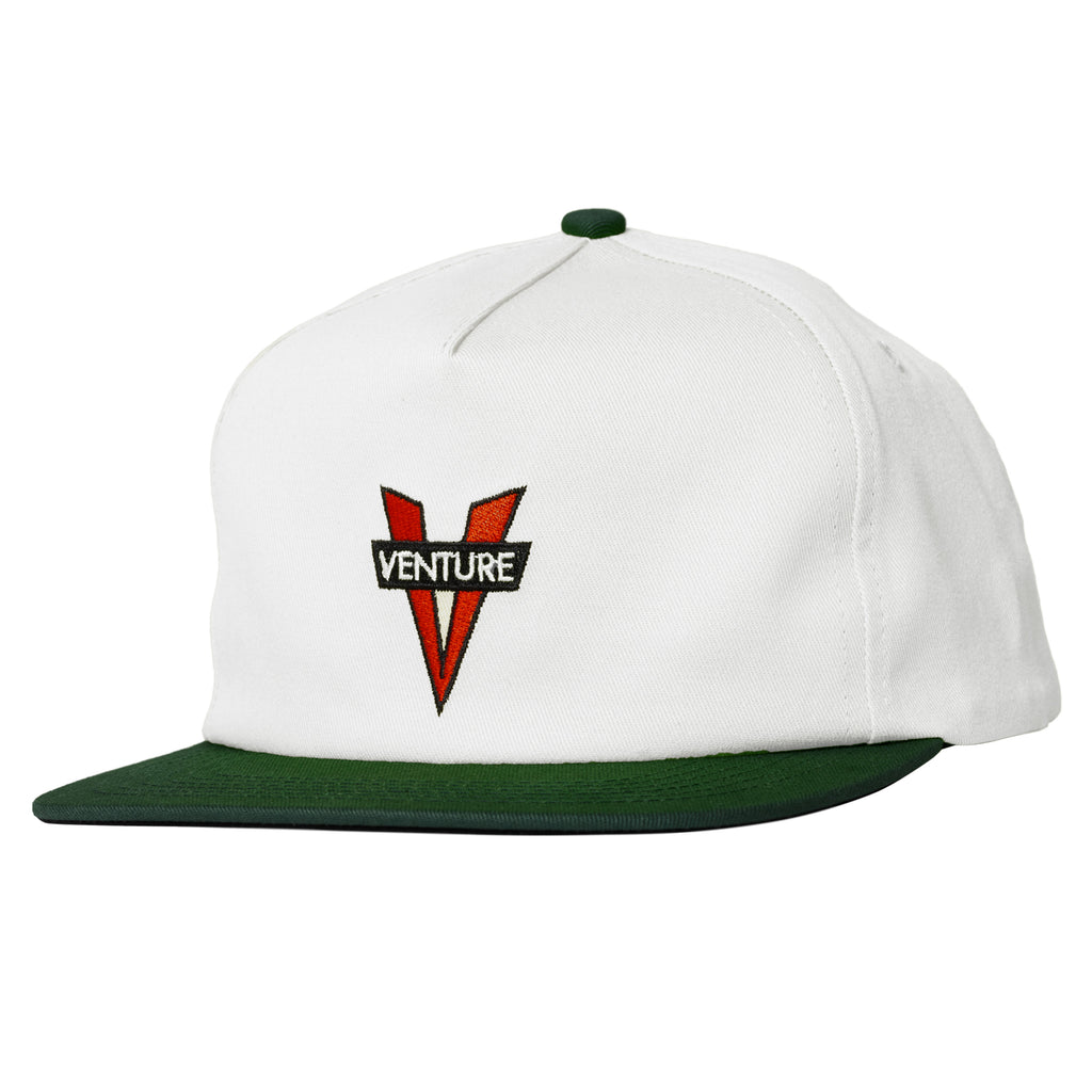 A VENTURE HERITAGE SNAPBACK WHITE/DARK GREEN hat with the word VENTURE on it.