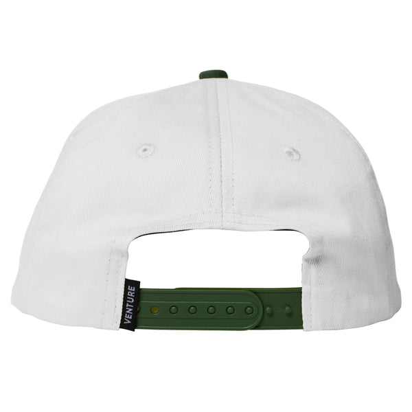 A VENTURE snapback hat, featuring a white and green color scheme, showcased against a clean white background.