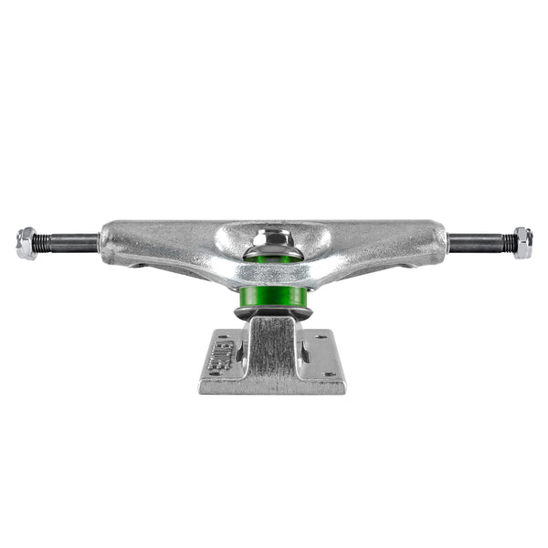 Venture polished silver skateboard truck with green bushings isolated on a white background.