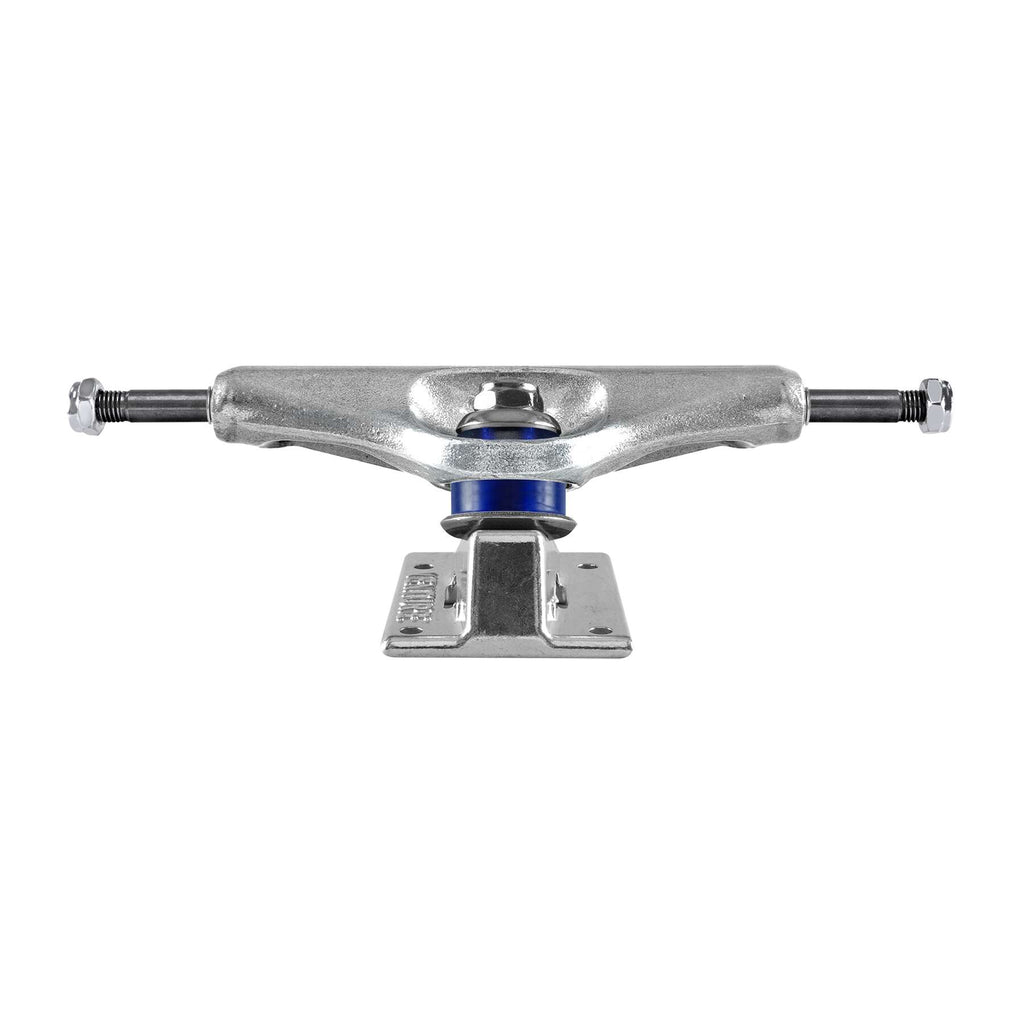 A front view of the silver VENTURE PRO HOLLOWS KAI KISHI 5.2 LOW skateboard trucks by VENTURE, featuring blue bushings, shows their axle, hanger, and baseplate set against a white background.