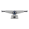 The VENTURE PRO HOLLOWS KAI KISHI 5.2 LOW skateboard truck set by VENTURE features a silver finish, blue crest logo with black laurel on the front, and 5.2" axles, shown from the side. Comes as a set of two.