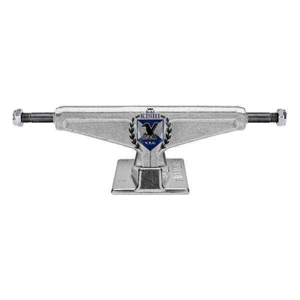 The VENTURE PRO HOLLOWS KAI KISHI 5.2 LOW skateboard truck set by VENTURE features a silver finish, blue crest logo with black laurel on the front, and 5.2" axles, shown from the side. Comes as a set of two.
