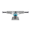 A set of two VENTURE V8 TEAM EDITIONS 5.2 HI POLISHED skateboard trucks in silver, featuring blue bushings and an 8.0" axle, shown from the front with visible hanger and baseplate.