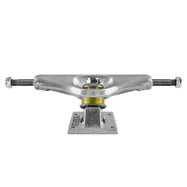 A silver VENTURE skateboard with a yellow wheel on a white background.