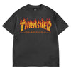 The THRASHER FLAME VINTAGE TEE BLACK features the iconic yellow and red "Thrasher Magazine" flame logo across the chest, perfect for fans of classic Thrasher style.