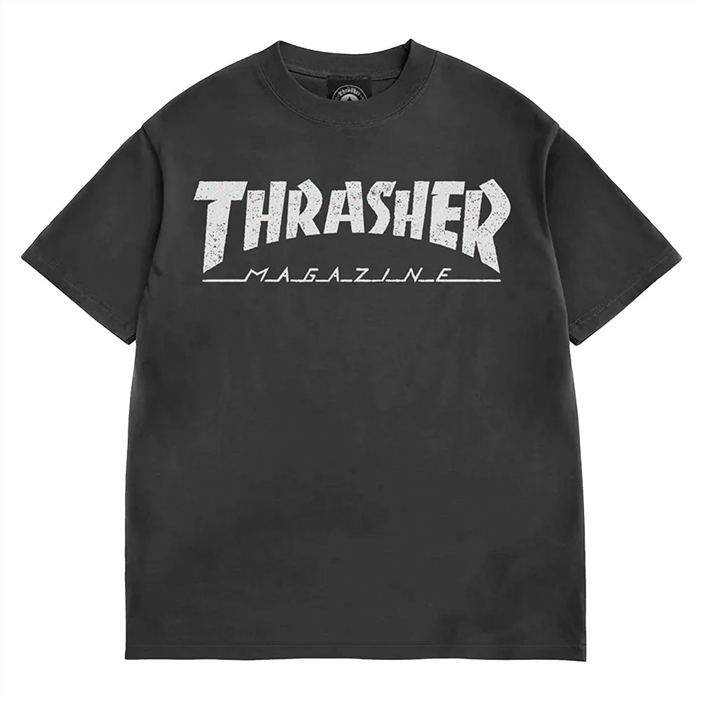 The THRASHER MAG LOGO VINTAGE TEE BLACK by THRASHER is a black vintage tee with the iconic Thrasher Mag logo in bold white lettering across the chest.
