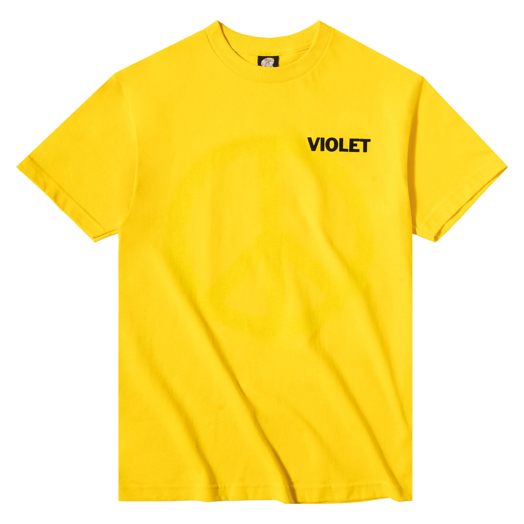 A VIOLET PEACE TEE YELLOW with a violet peace sign on it, printed in the USA.