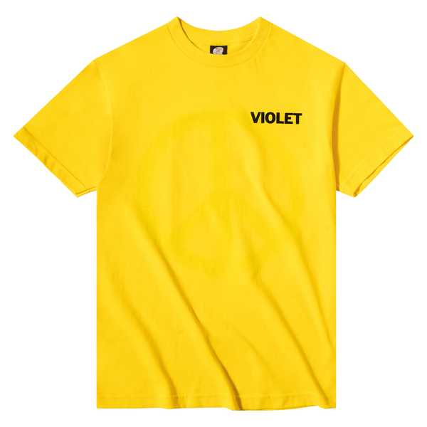 A VIOLET PEACE TEE YELLOW with a violet peace sign on it, printed in the USA.