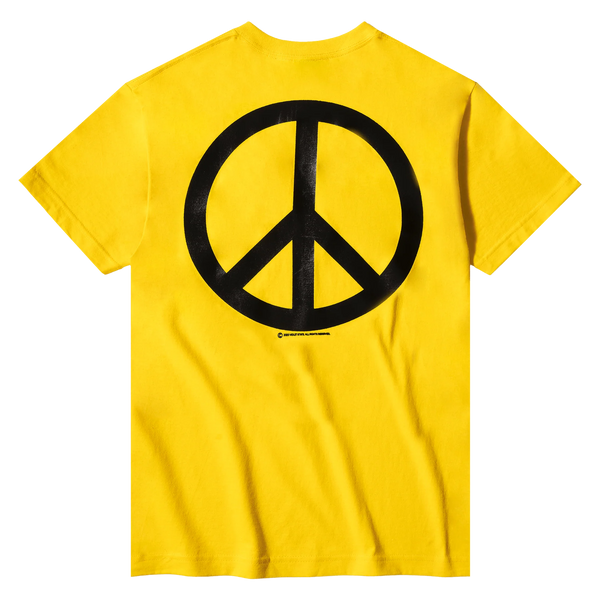 A VIOLET peace tee with a black peace sign on it, printed in the USA.