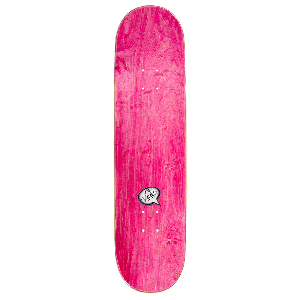 The violet VIOLET AMERICAN PEACE BLACK skateboard deck features an assorted color veneer with a marbled pattern and a small speech bubble graphic near the bottom center.