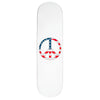The VIOLET AMERICAN PEACE WHITE skateboard deck by violet features a full-color American flag peace symbol graphic on a white background and comes with assorted color veneer.