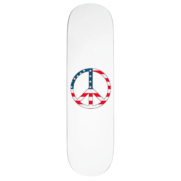 The VIOLET AMERICAN PEACE WHITE skateboard deck by violet features a full-color American flag peace symbol graphic on a white background and comes with assorted color veneer.